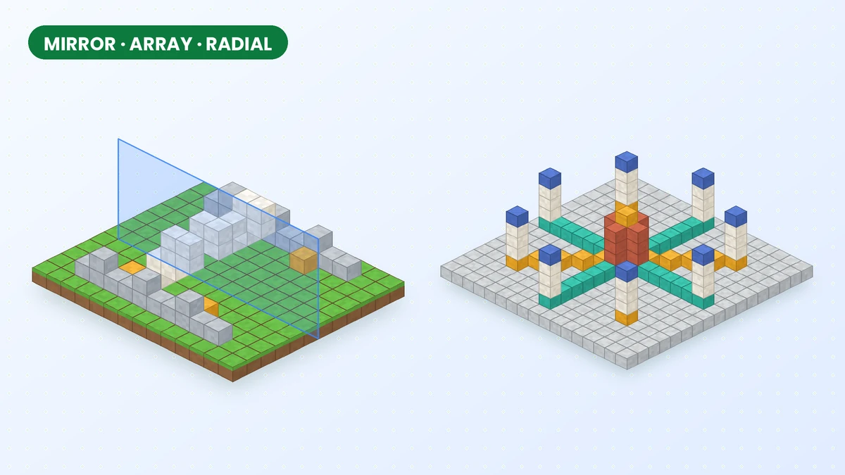 Illustration of a mirrored build and a radial symmetry pattern made with Effortless Building modifiers