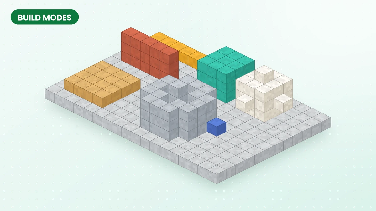 Isometric illustration of line, wall, floor, cube, cylinder and sphere shapes built with Effortless Building build modes