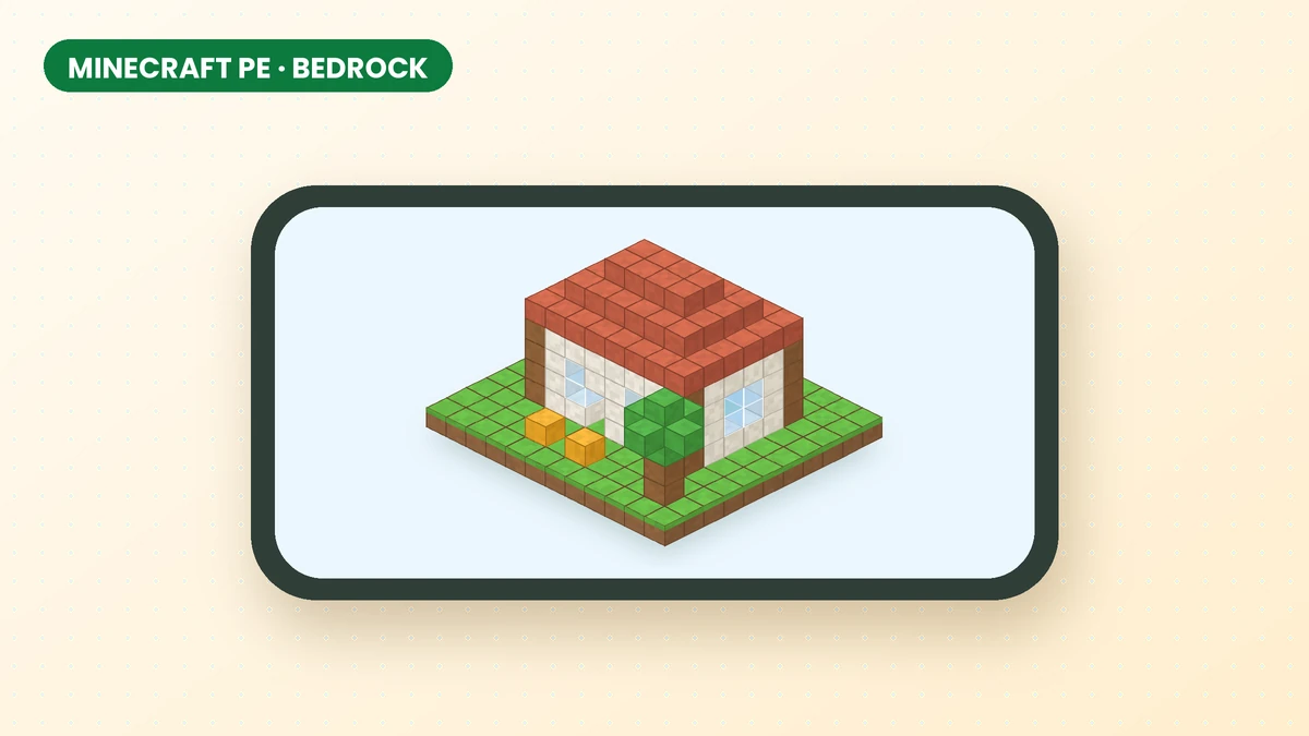 Illustration of a phone showing a small block house, representing Minecraft PE and Bedrock building
