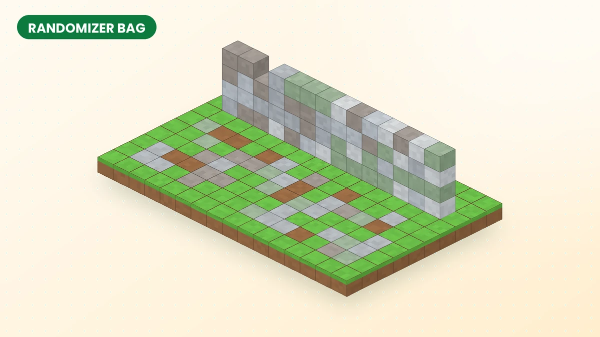 Isometric wall and path built from a random mix of stone, cobble, moss and gravel blocks