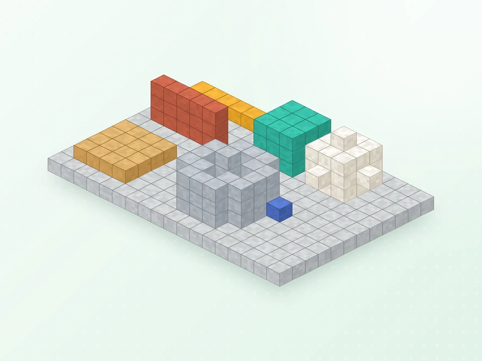 Line, wall, floor, cube, cylinder and sphere shapes built on a stone platform
