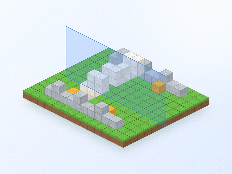 Two matching stone structures on either side of a blue mirror plane