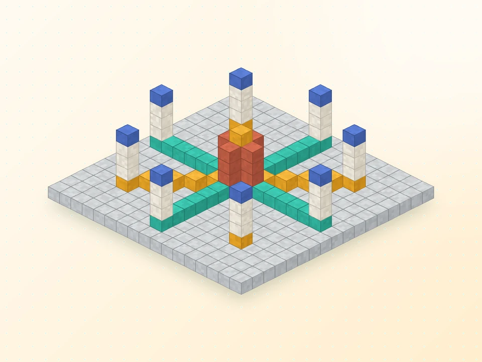 A circular plaza with spokes and pillars repeated evenly around a central brick tower