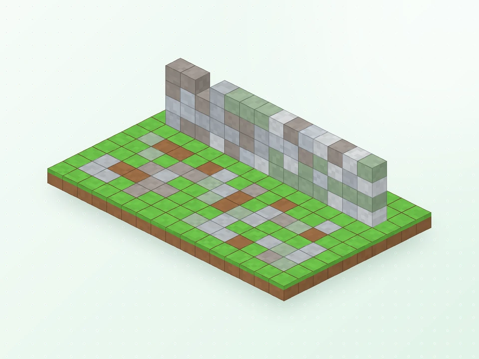 A wall and path made from a random mix of stone, cobble, moss and gravel blocks